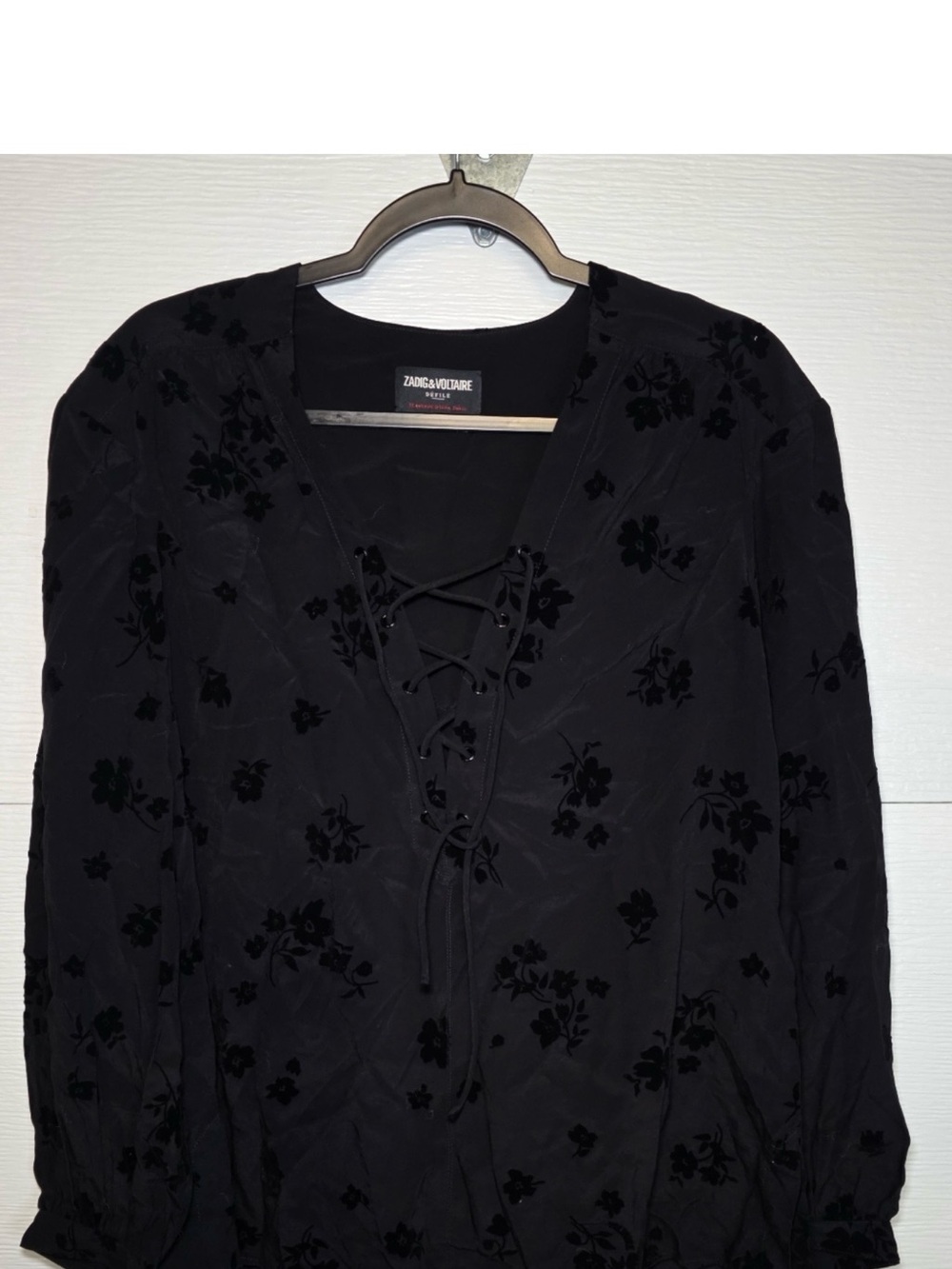 Zadig & Voltaire Tamela Soft Flock Flowers Black Lace-Up Floral Burnout Blouse